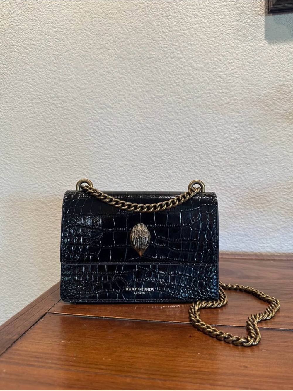 Kurt Geiger Black Croc Leather Chain Shoulder Bag